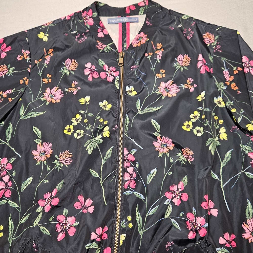 Signature Weekend Floral Bomber Jacket Womens Large Black Pink Zip Windbreaker